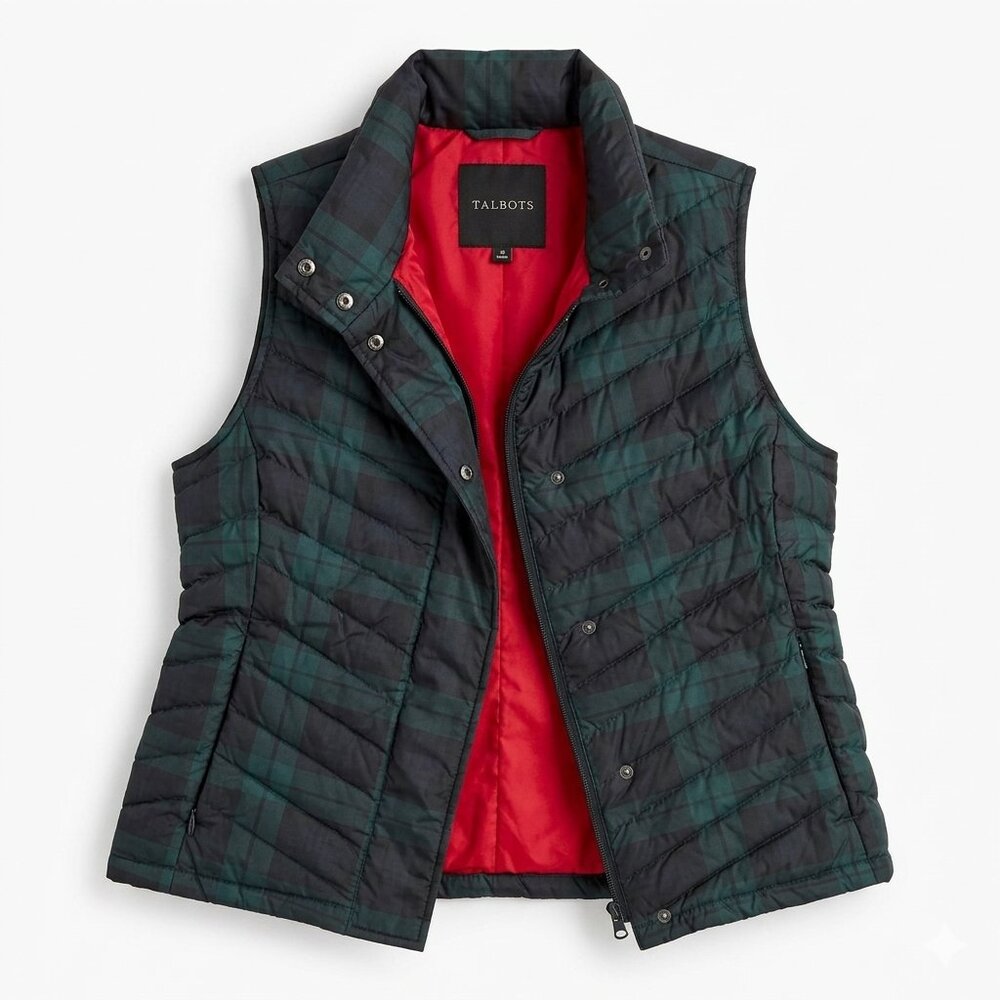 Talbots Black/Green Quilted Puffer Vest with Red Lining